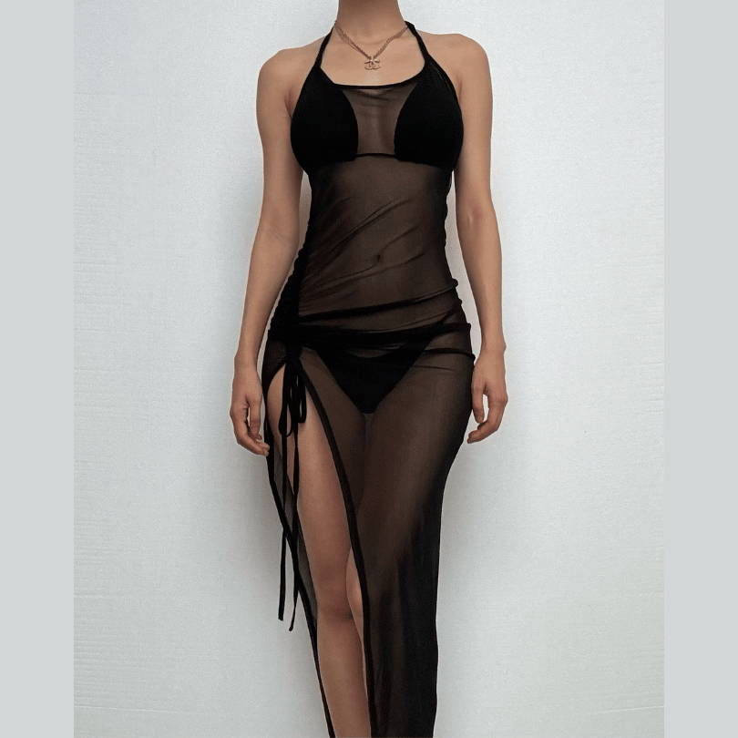 Halter drawstring sheer mesh see through slit backless maxi dress