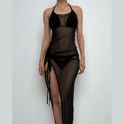 Halter drawstring sheer mesh see through slit backless maxi dress