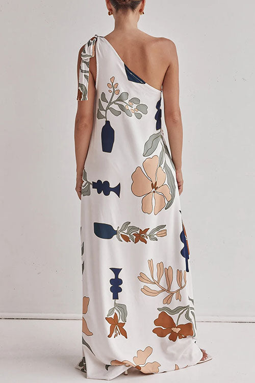 Tie Knot One Shoulder Floral Print Maxi Dress