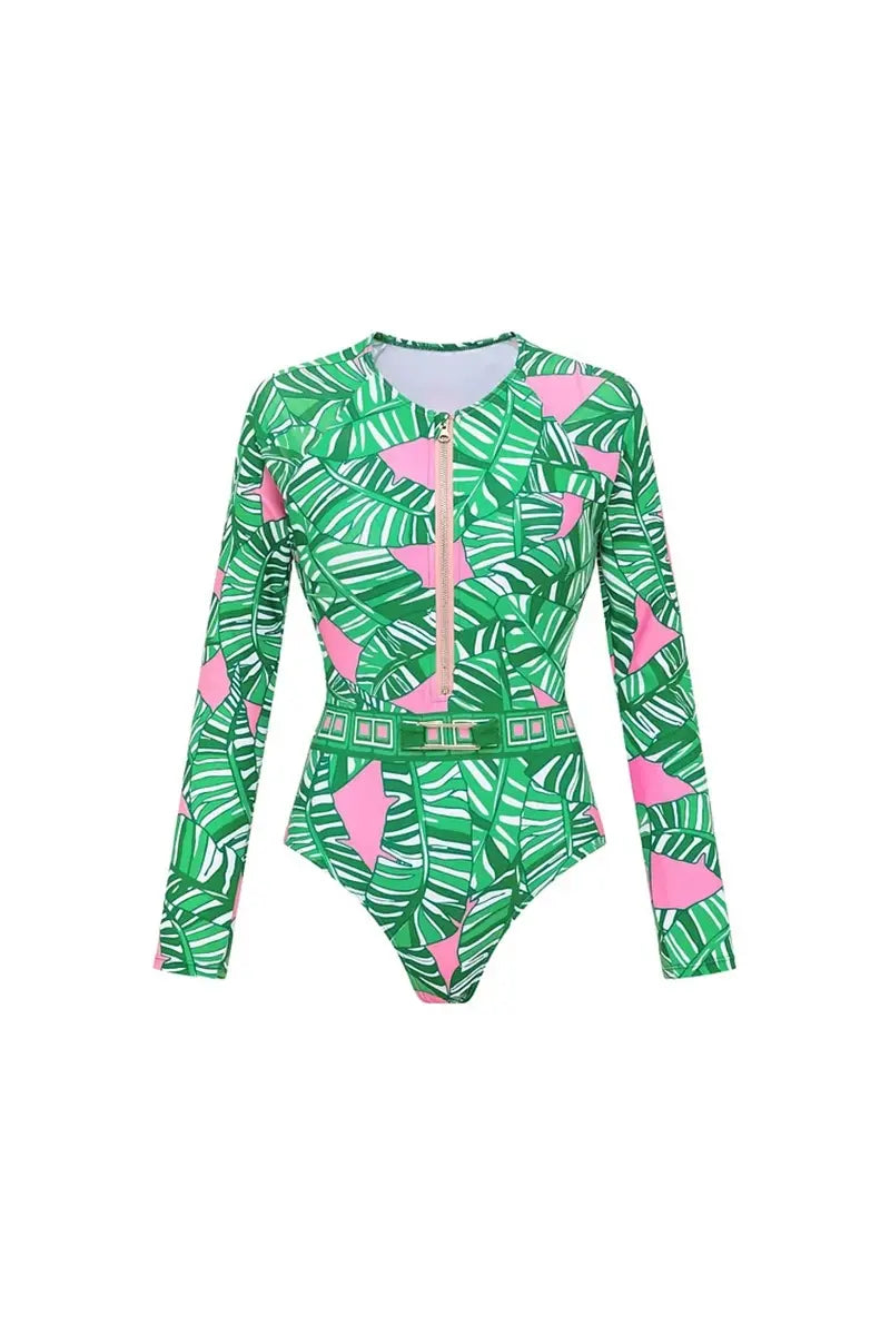 Green Zip Long Sleeve Printed Surf Swimsuit Set