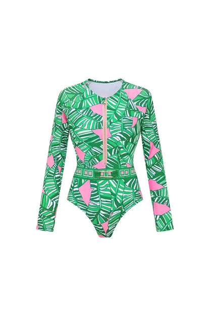 Green Zip Long Sleeve Printed Surf Swimsuit Set
