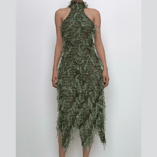 Halter high neck contrast textured backless midi dress-final-sale