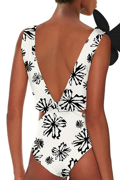Floral Appliqué Printed White One-Piece Swimsuit