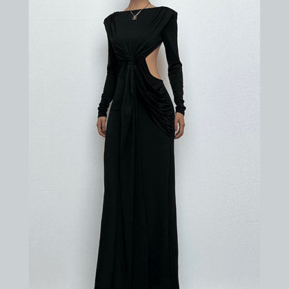 Long sleeve padded backless ruched maxi dress-final-sale