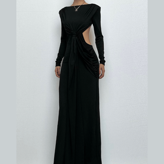 Long sleeve padded backless ruched maxi dress-final-sale