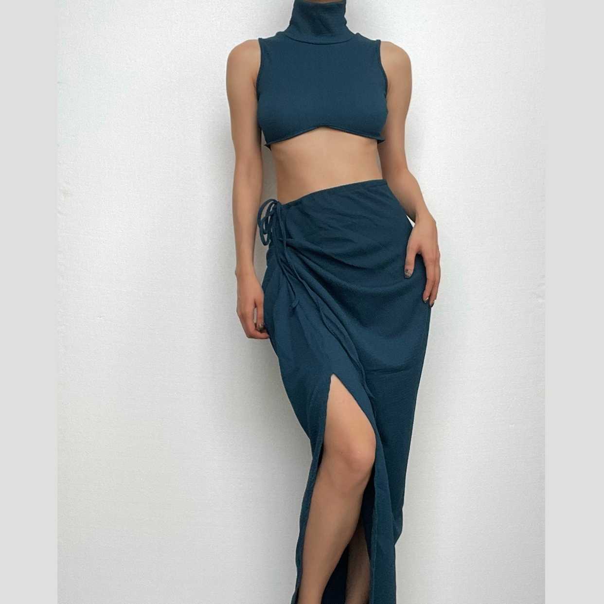 Slit textured sleeveless high neck ruched solid maxi skirt set-final-sale