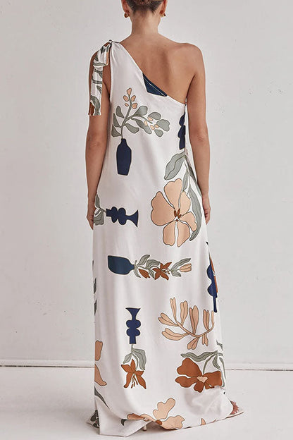Meridress Tie Knot One Shoulder Floral Print Maxi Dress