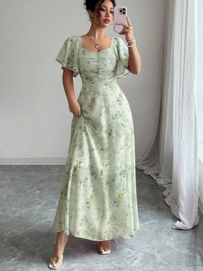 Floral Lotus Leaf Sleeves Sweetheart Collar Vacation And Leisure Maxi Dresses