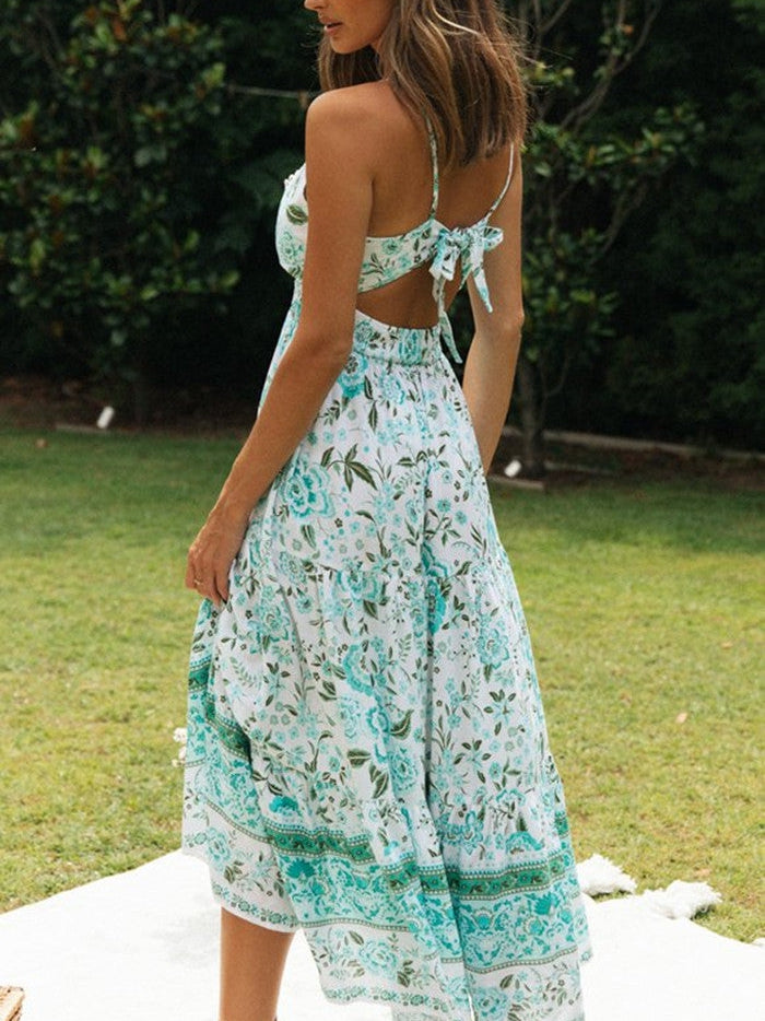 Lace Up V Neck Backless Floral Maxi Dress