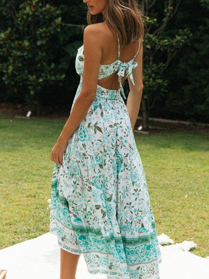 Lace Up V Neck Backless Floral Maxi Dress
