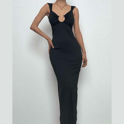 O ring ruched hollow out high slit cami cut out maxi dress