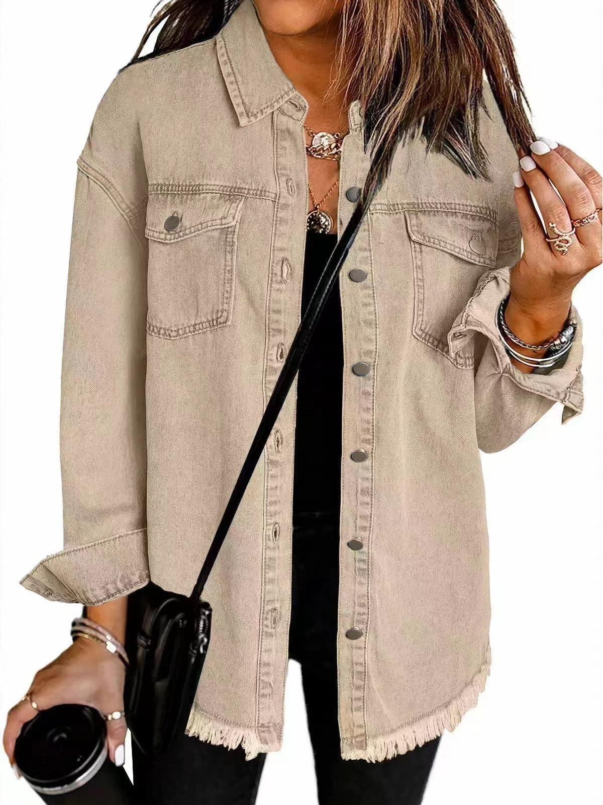 Denim Jacket With Frayed Pockets And Button Details