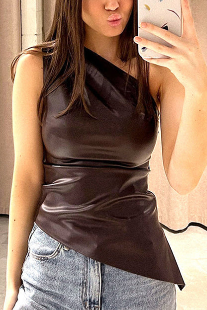 One Shoulder Sleeveless Asymmetric Faux Leather Top