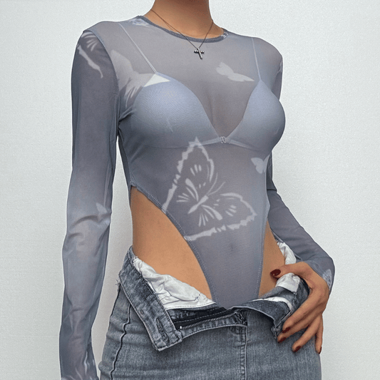 Long sleeve sheer mesh butterfly print bodysuit