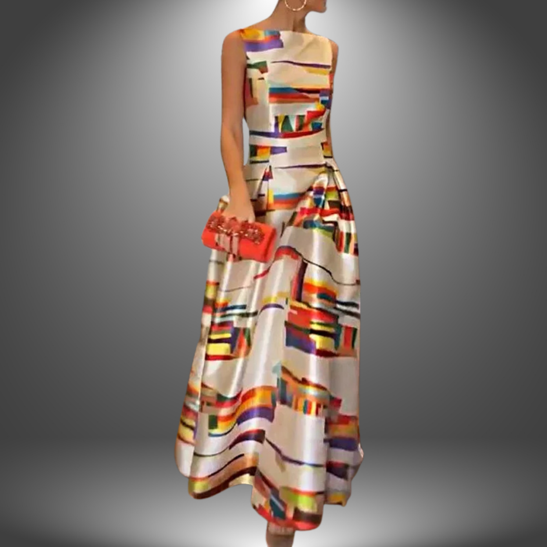 Women’s Multicolor Pleated Maxi Dress - Sleeveless Gown