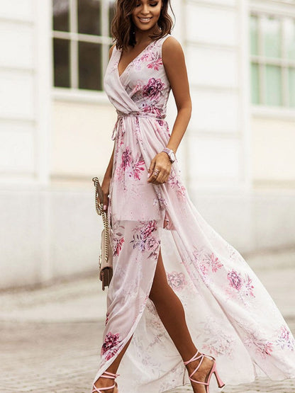 Wrap-up V-neck Bandage Slit Vacation And Leisure Maxi Dresses