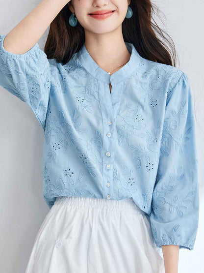 Bella Elegnat V-Neck Embroidered Hollowed Top