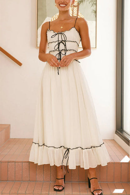 Spaghetti Strap Frill Trim Tie Bow Maxi Dress