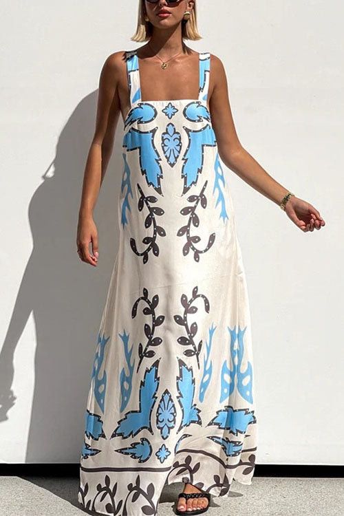 Square Neck Tie Knot Backless Printed Maxi Cami Dress