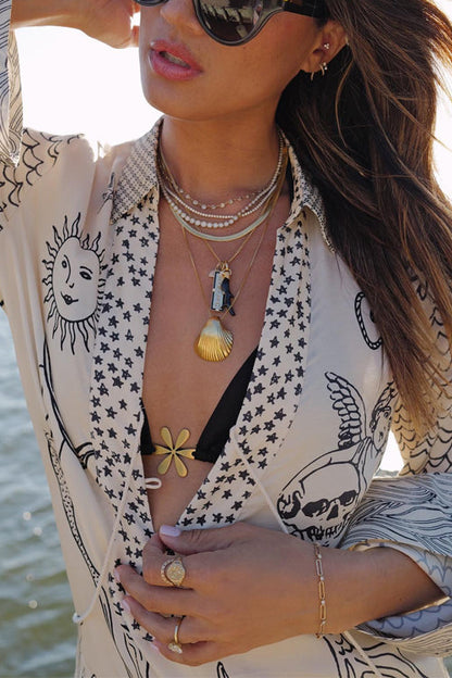 Collared V Neck Shirt and Side Slit Shorts Vitamin Sea Print Set