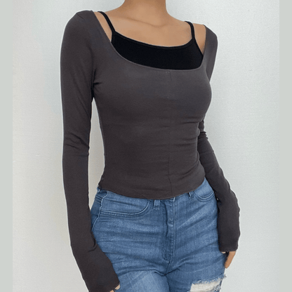 Contrast patchwork long sleeve round neck top