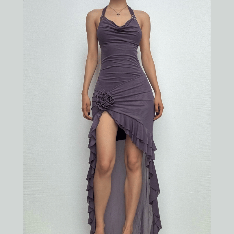 Halter cowl neck flower applique ruffle maxi dress