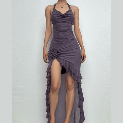 Halter cowl neck flower applique ruffle maxi dress