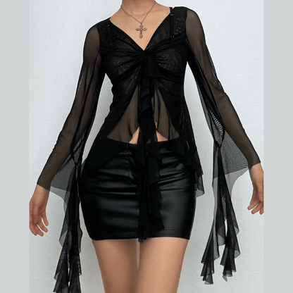 Long sleeve ruched v neck sheer mesh ruffle top