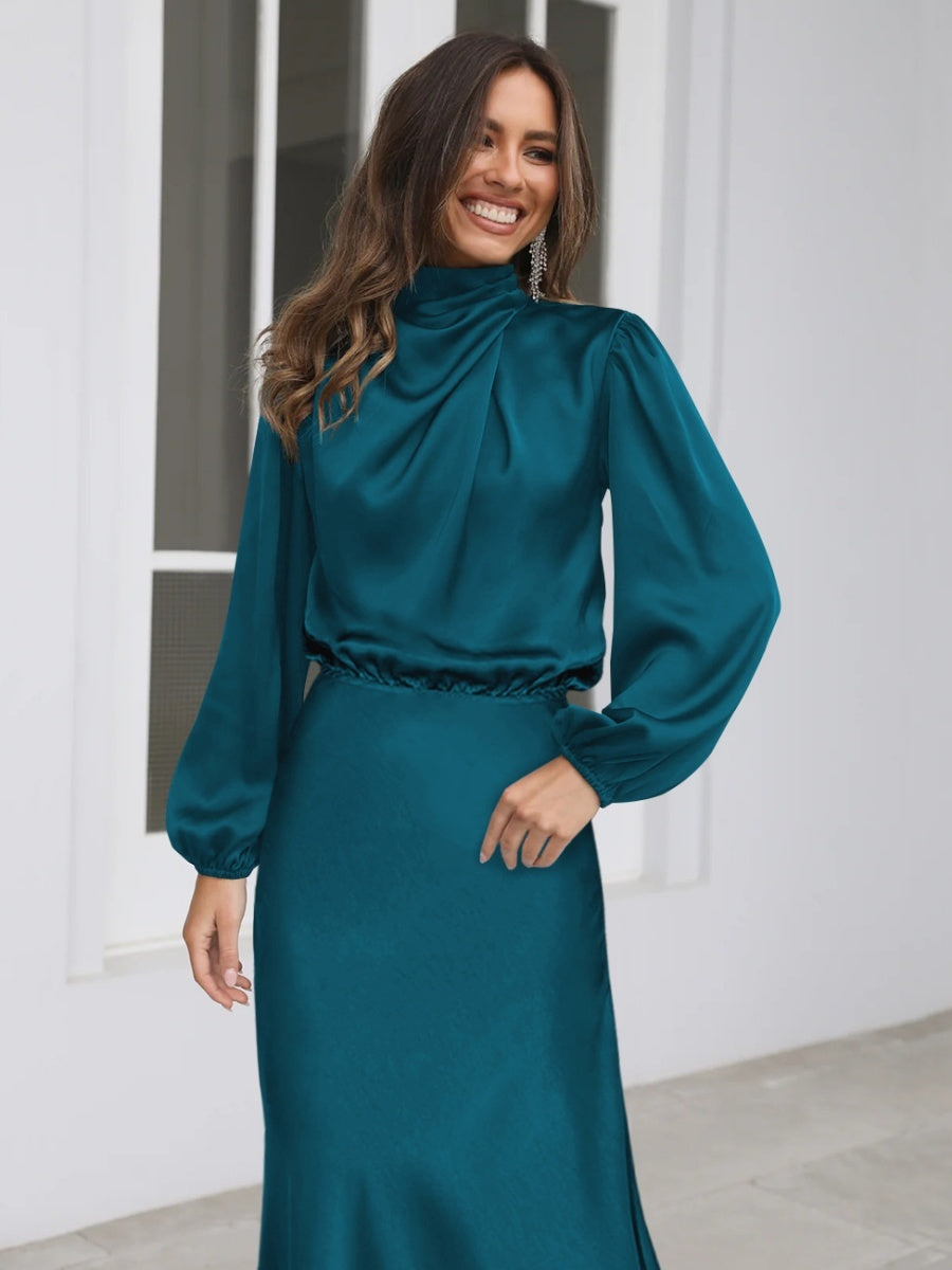 Satin Long Sleeve Loose Turtleneck Midi Dresses