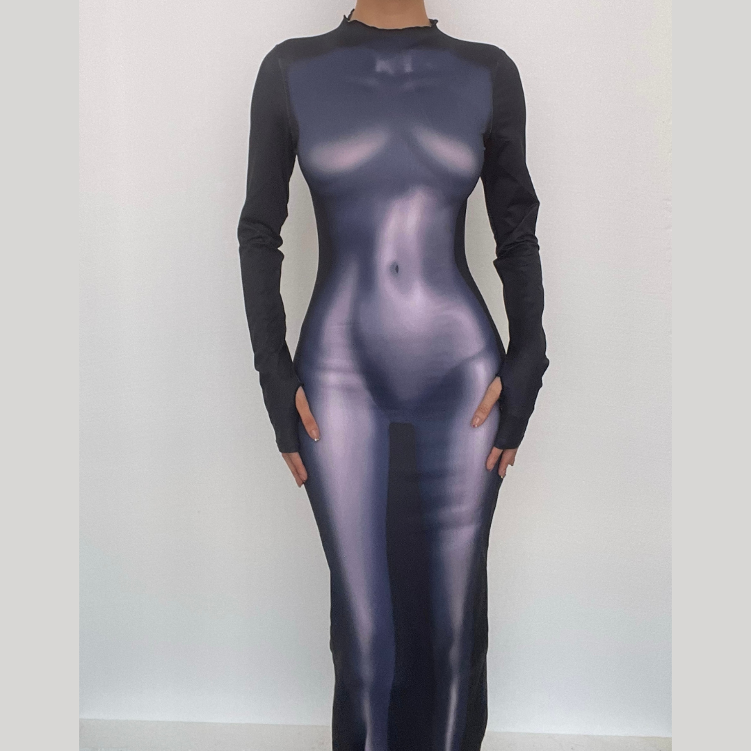Mock Neck Long Sleeve Thumbhole Thermal Body Map Print Bodycon Maxi Dress