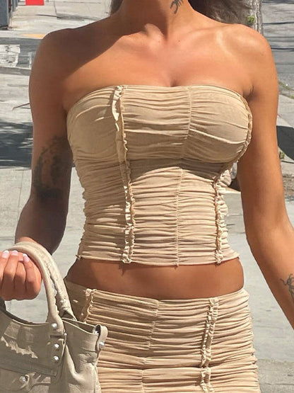 Tube Top Mesh Splicing Skirt Coord Set