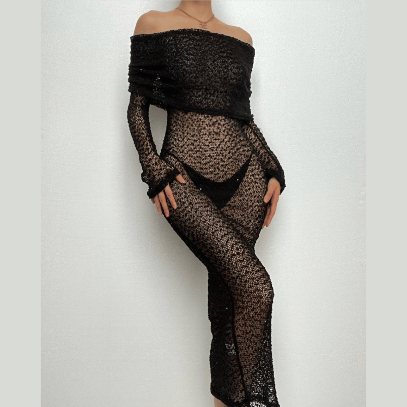 Off Shoulder Crochet Mesh Long Sleeve Bodycon Maxi Dress