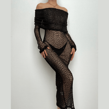 Off Shoulder Crochet Mesh Long Sleeve Bodycon Maxi Dress