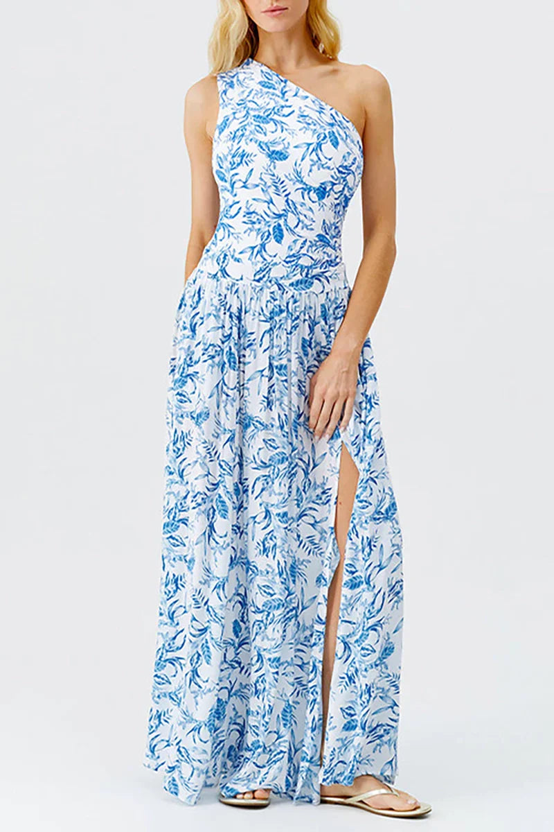 Fresh Floral One-Shoulder Blue Set