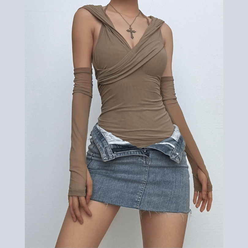 Hoodie gloves sheer mesh top