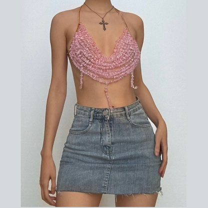 Metal chain beaded backless u neck cami top