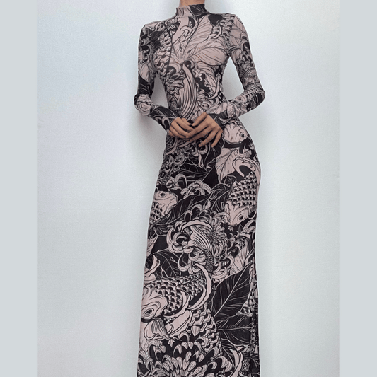 Sheer mesh see through abstract long sleeve high neck maxi dress