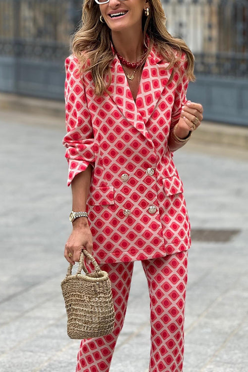 Geometric Print Lapel Double Breasted Blazer and Flare Pants Set