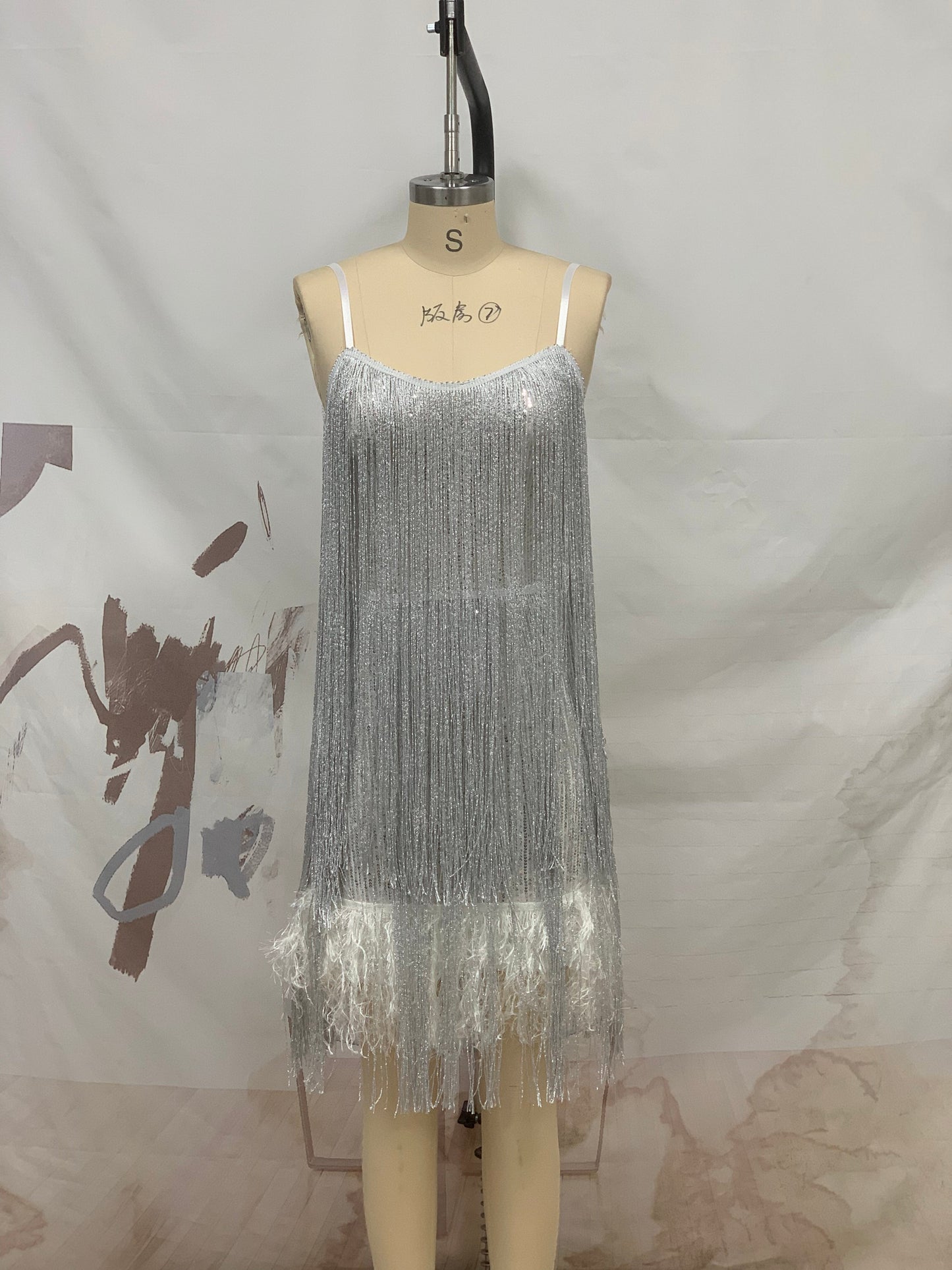 Silver Tassel Fringe Furry Sequins A LineDress