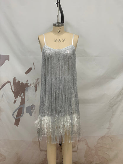 Silver Tassel Fringe Furry Sequins A LineDress