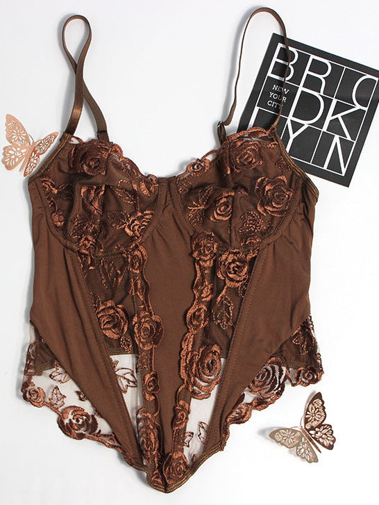 Floral Embroidered Mesh Slim Fit Tube Corset Top