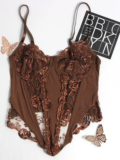 Floral Embroidered Mesh Slim Fit Tube Corset Top