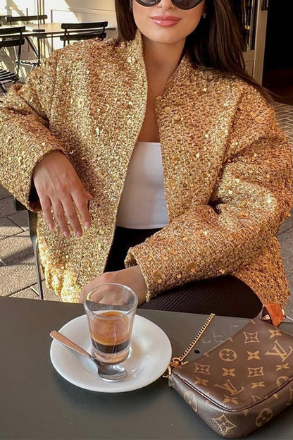 Stand Collar Zip Up Pocketed Sequin Jacket