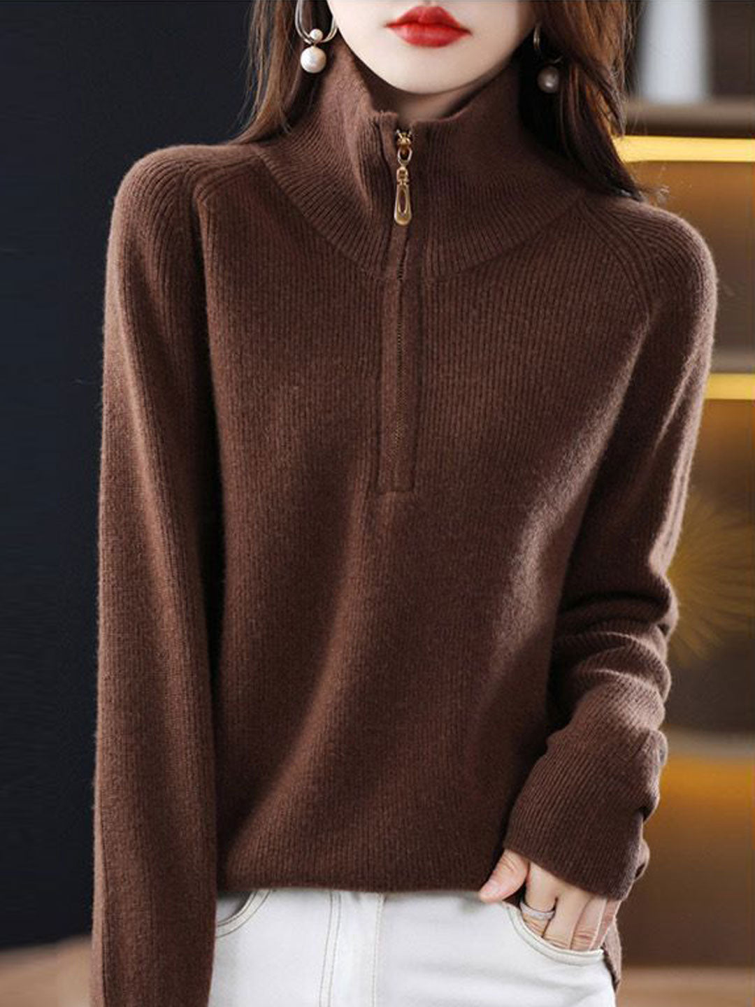 Julia Loose Pullover Zipper Knitted Coat-Apricot