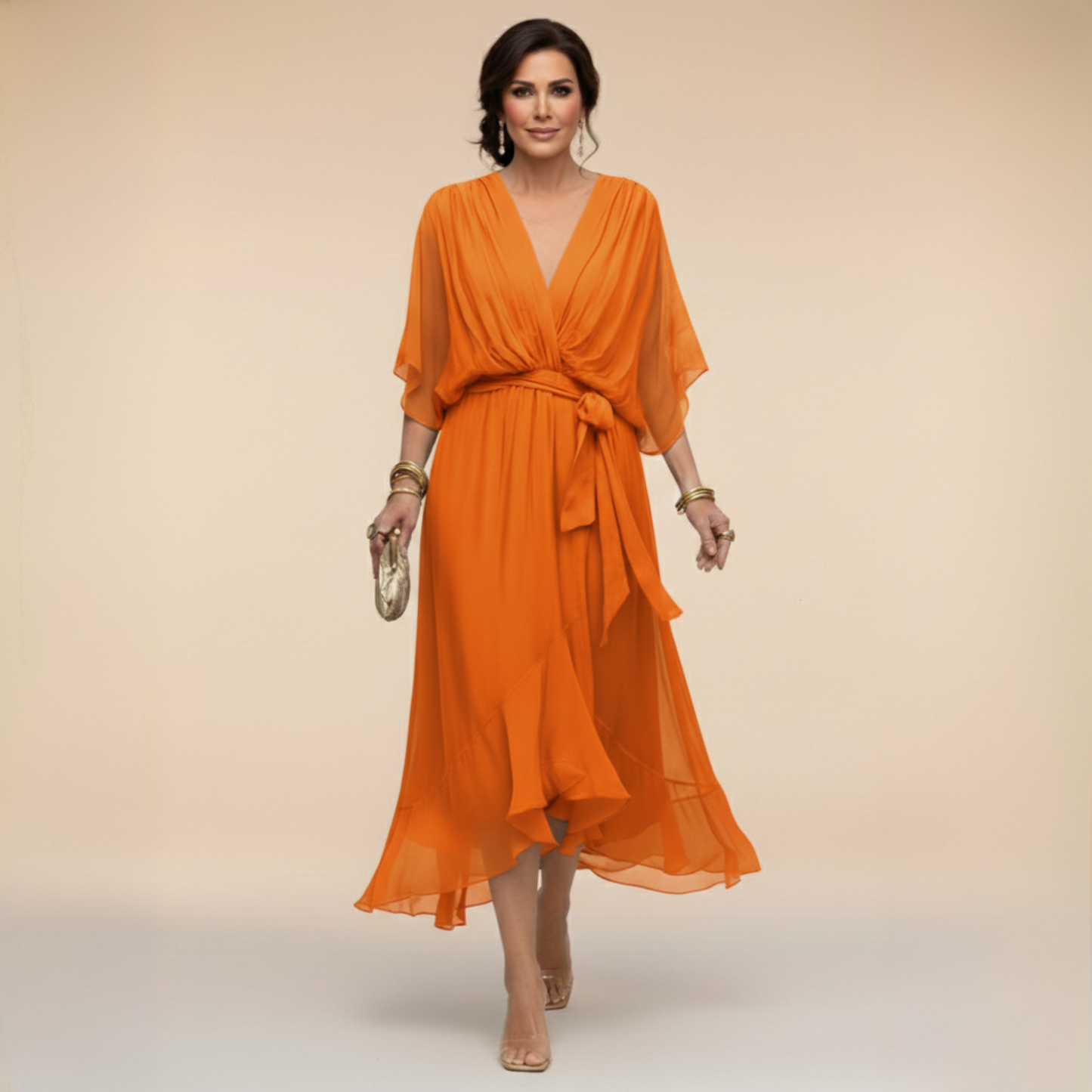 Women's Elegant V-Neck Chiffon Flared Midi Dress with Belt - Perfect Wedding Guest Dress