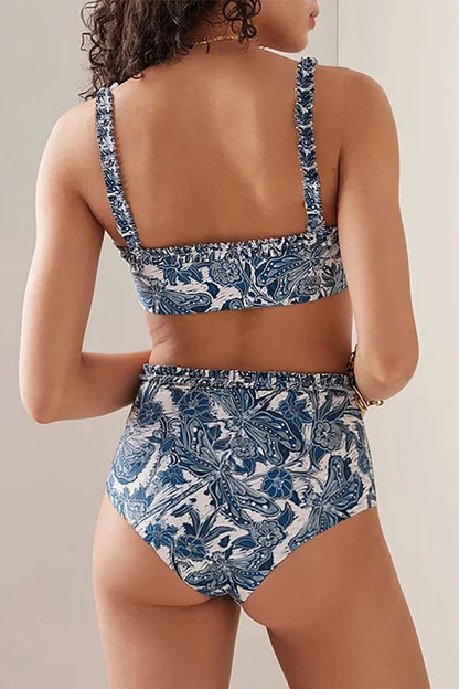 Blue Dragonfly Print Ruffle Bikini Set