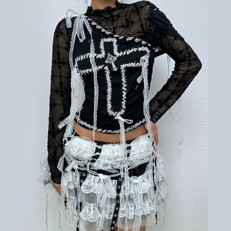 Long sleeve lace hem mesh cross pattern mini skirt set