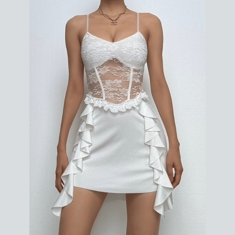 V neck ruffle lace patchwork cami mini dress
