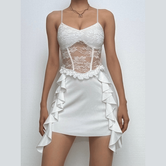 V neck ruffle lace patchwork cami mini dress
