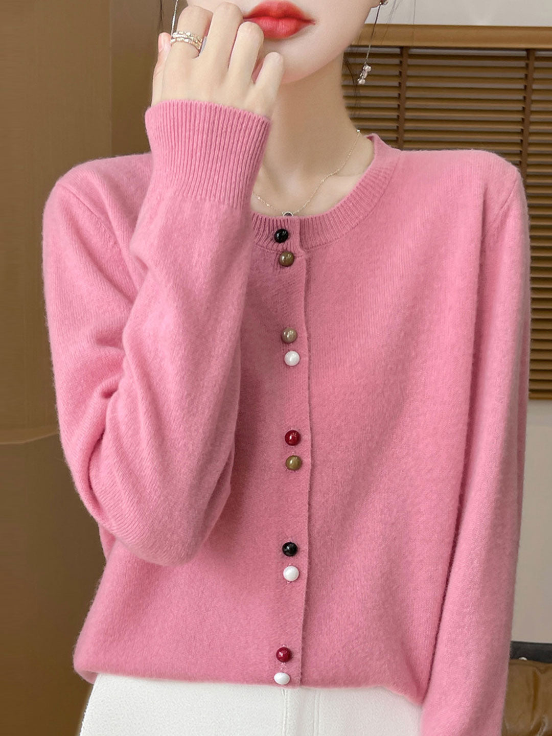 Mya Loose Crew Neck Solid Color Knitted Cardigan-Red